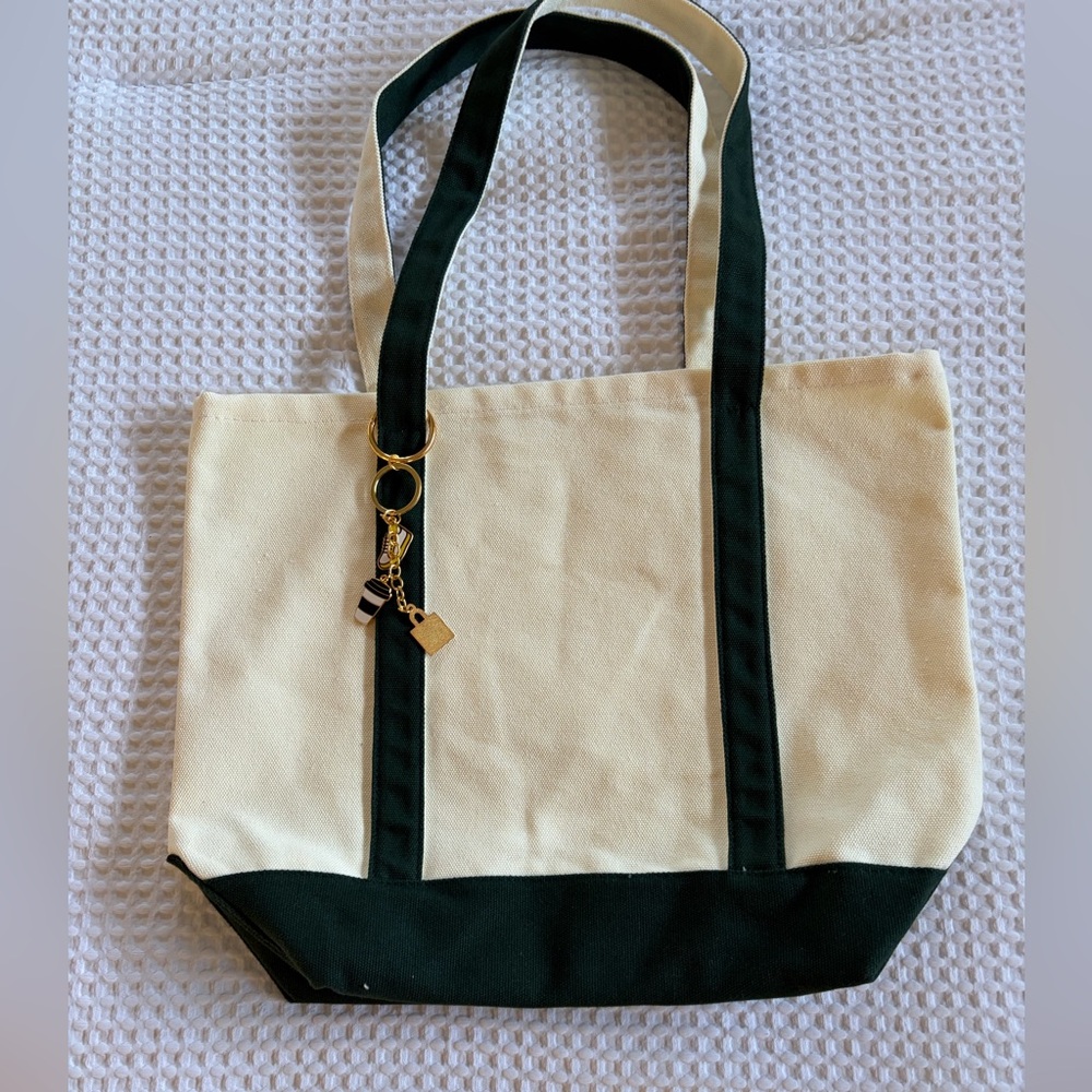 Canvas Tote Bag with Dark Green Trim and Gold Charm
